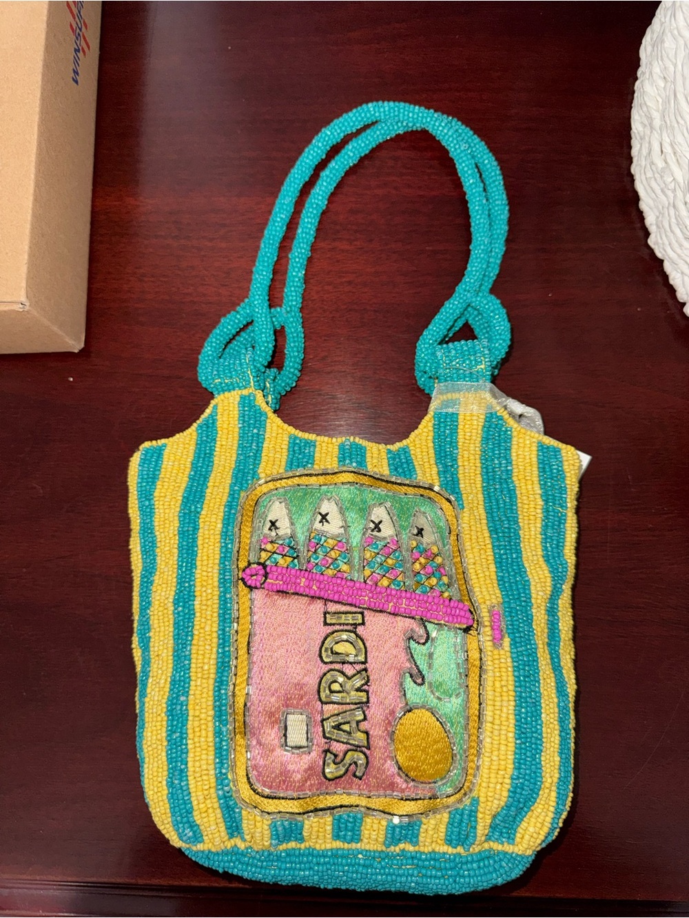 Sardine Beaded Turquoise & Yellow Tote Bag